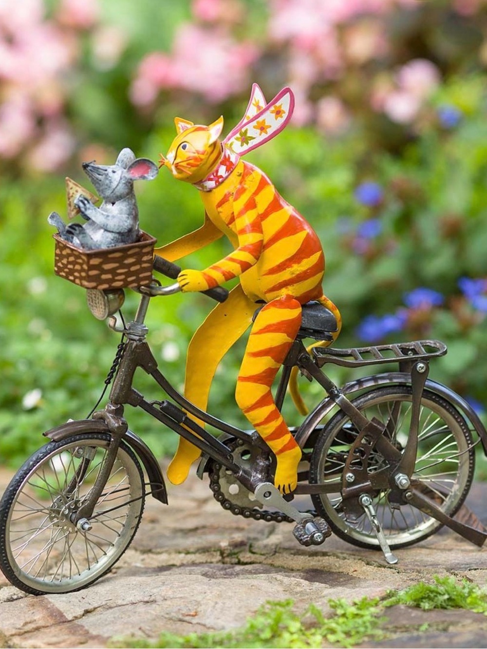 Cat and Mouse on a Bicycle Painted Metal Art Sculpture